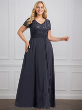 A-line V-Neck Floor-Length Chiffon Lace Mother of the Bride Dress With Beading Sequins Cascading Ruffles